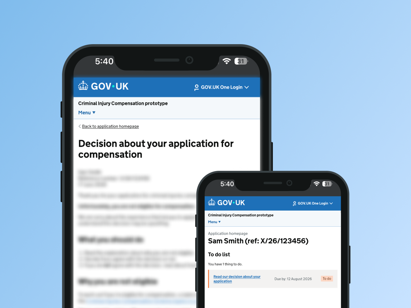 Two mobile phone mockups showing the CICA GOV.UK prototype: the decision letter page and the application homepage with a to-do list prompting the applicant to read their decision