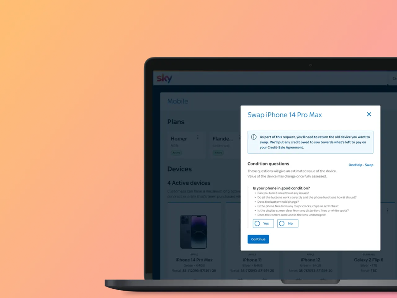Sirius agent tool showing the Sky Mobile swap journey, with device grading questions and value
