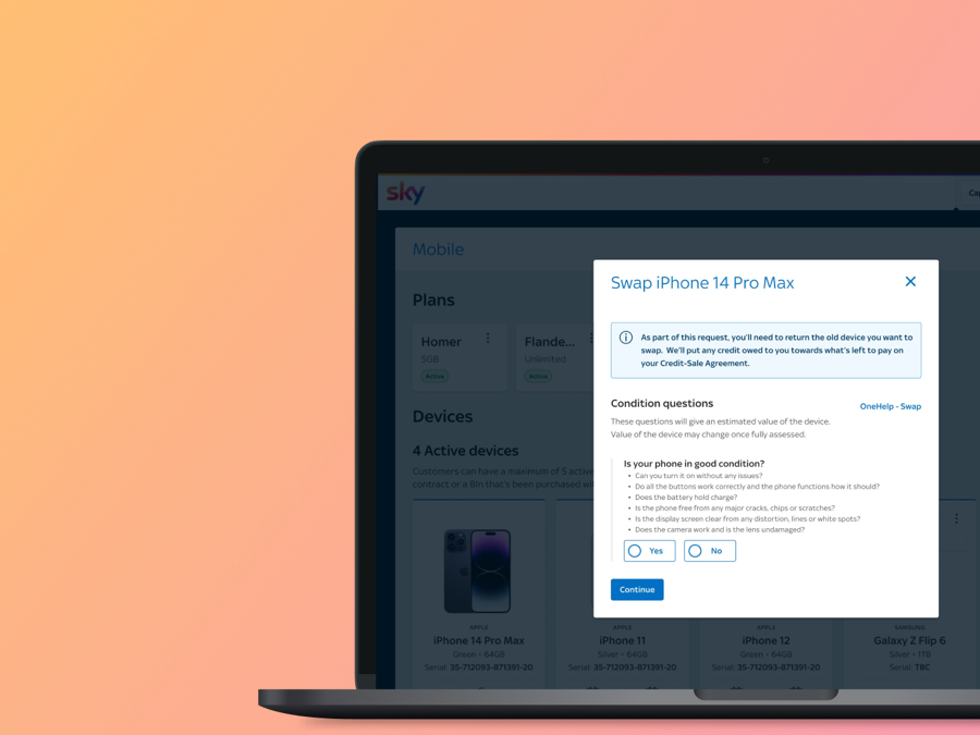 Sirius agent tool showing the Sky Mobile swap journey, with device grading questions and value