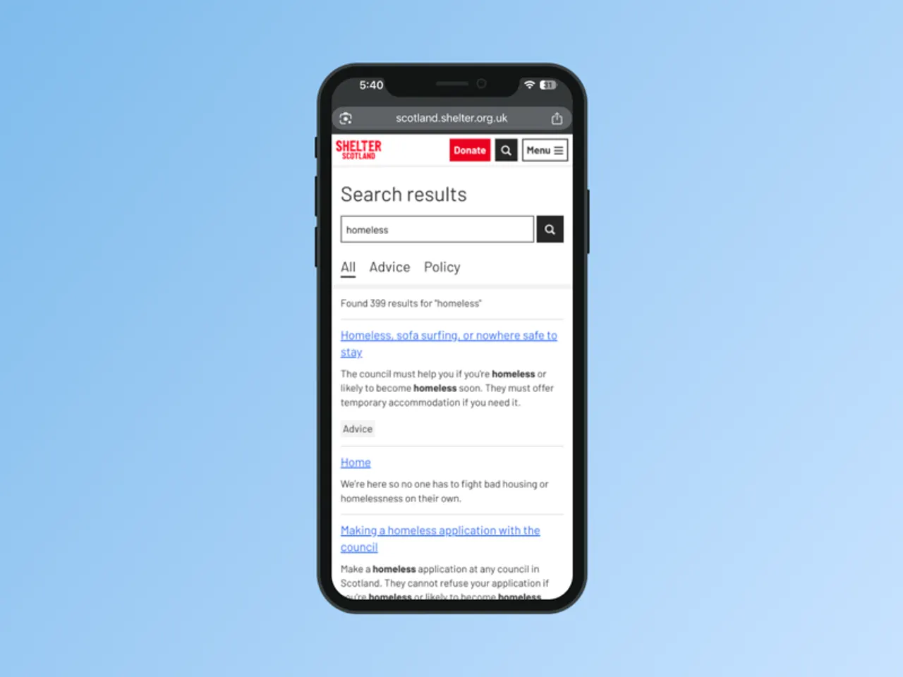 Mobile search interface showing improved search results and filtering options
