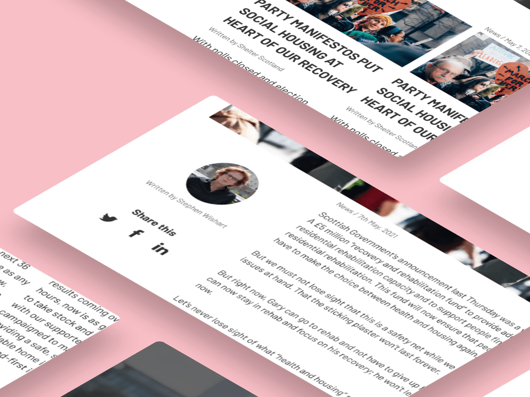 Before and after comparison of Shelter Scotland blog redesign showing new activist brand styling