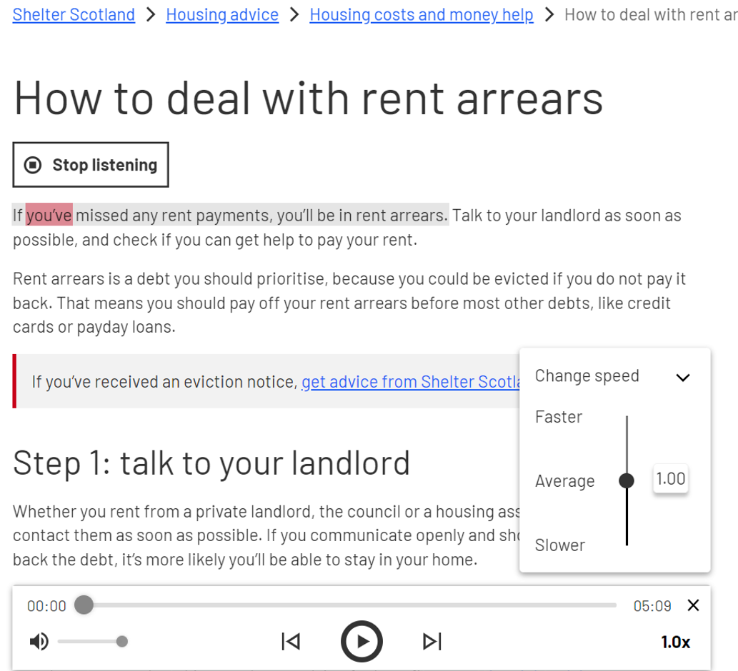 Live implementation of the narration tool showing the interface in production with real housing advice content