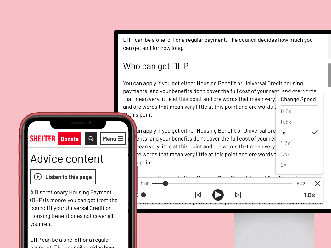 Screenshot of narration tool interface showing audio controls and housing advice content