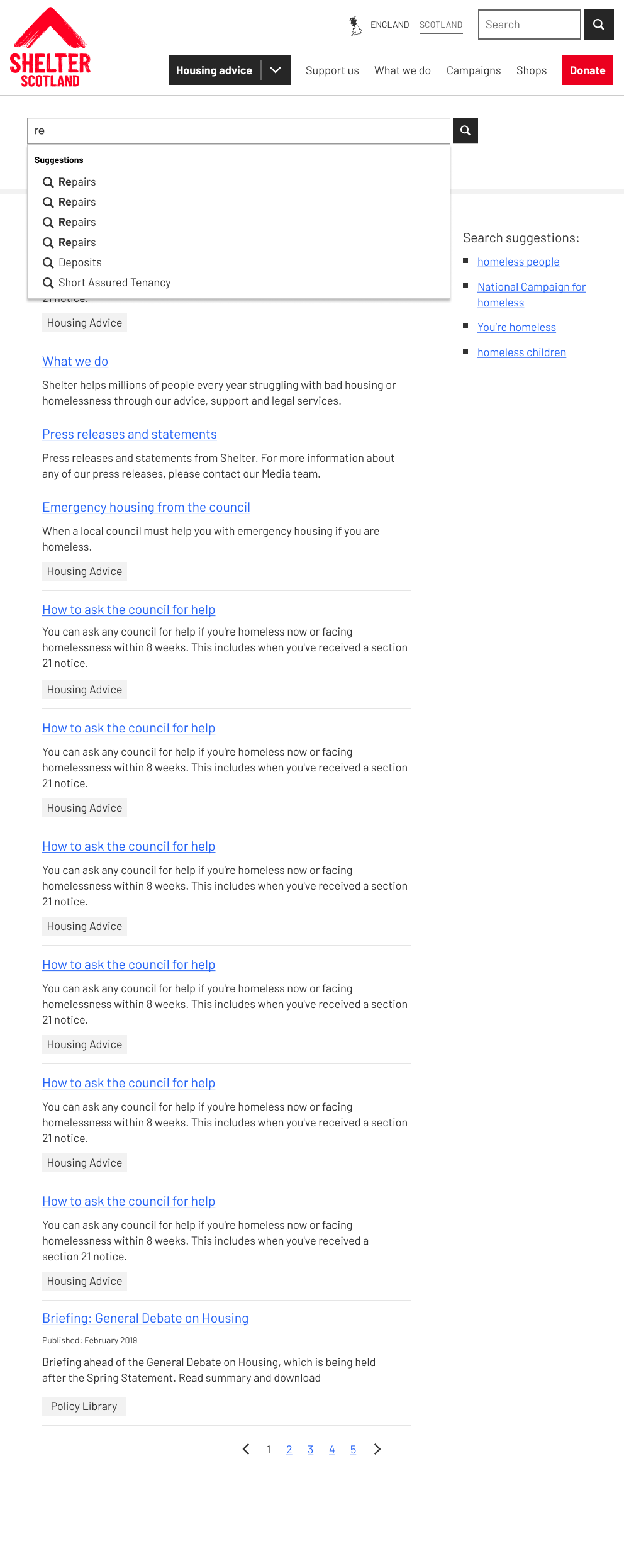 Live implementation of the improved search system showing successful results with categorized content, mobile optimization, and enhanced user guidance for housing advice seekers